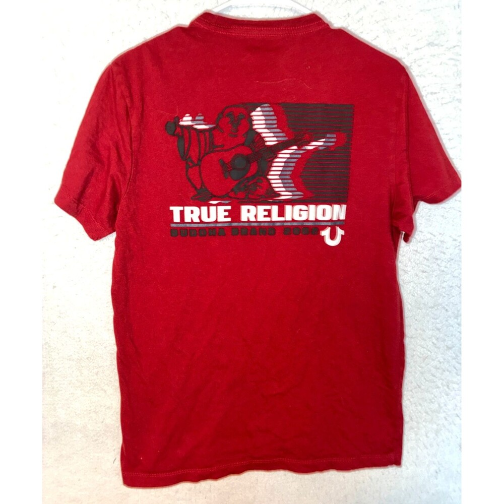 True Religion Tshirt Short Sleeve Logo Buddha Guitar Tour LOGO Maroon Red Mens M